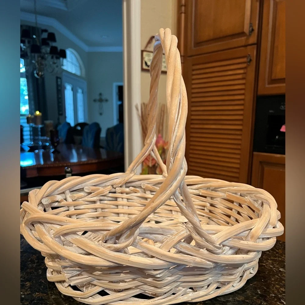 Vintage Whitewashed Wicker Basket with Handle